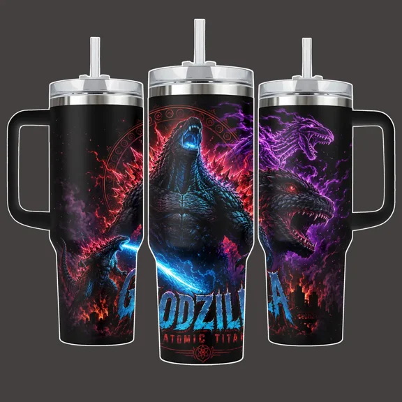 Godzilla Atomic Titan Tumbler Cup, Blue Purple Red Energy Full Wrap Stainless Steel Insulated 20oz/40oz With Straw Lid Included, 40oz Handle Option