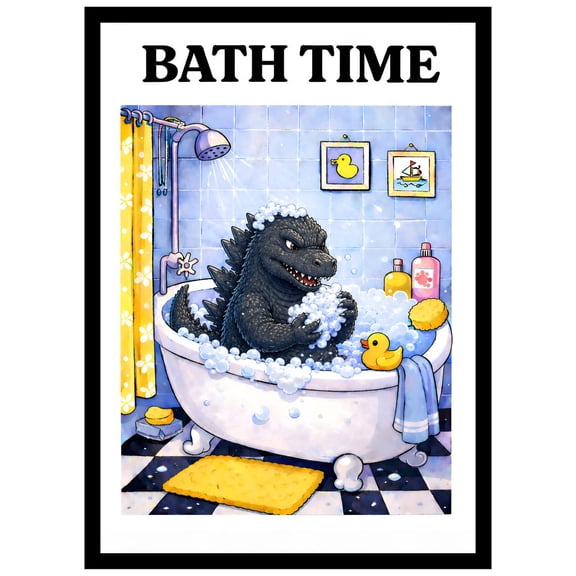 Godzilla Bath Time Bathroom Art, Cute Bath Time Poster, Funny Godzilla Print Unframed Paper Print