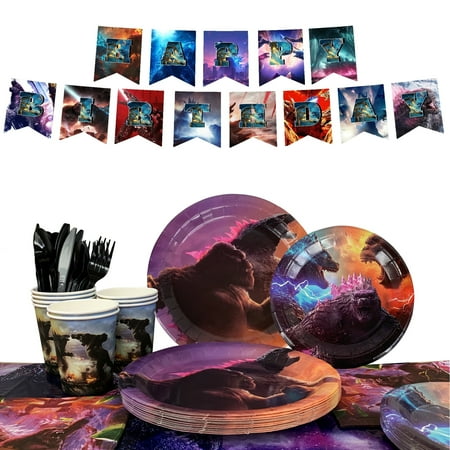 Godzilla Birthday Party Decoration Tableware Set, 114 Pcs Godzilla Party Supplies Tableware - Godzilla Tablecloth Banner Plates Napkins Cups for Godzilla Birthday Party decorations for Kids