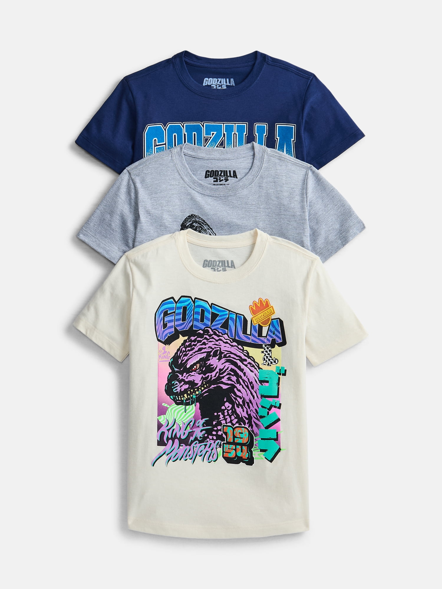 Godzilla Boys Crewneck Graphic Tee with Short Sleeves, 3-Pack, Sizes XS-2XL