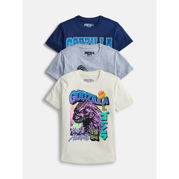 Godzilla Boys Crewneck Graphic Tee with Short Sleeves, 3-Pack, Sizes XS-2XL