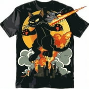 Godzilla Cat Rampage: Cute Cartoon Black Cat in Vibrant Colors Destroying Buildings with Drone Vector Design for Black TShirt