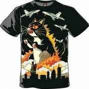 GUSSEAK Godzilla Cat Rampage: Cute cartoon cat wreaking havoc in professional vector style on a black tshirt