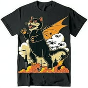GUSSEAK Godzilla Cat vs Drones Black TShirt Cute Cat in Costume Battles Drones on Clouds Unique Design with Fire and Buildings Full Body Print