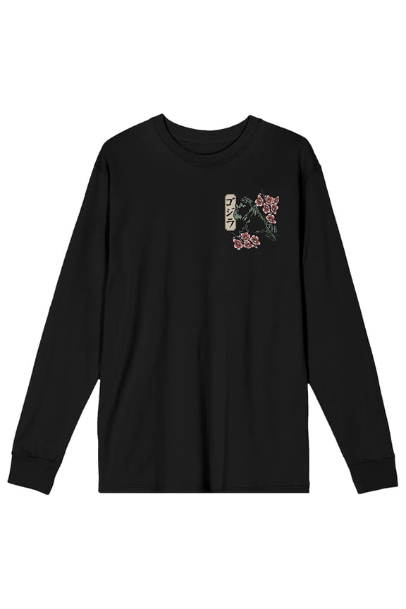 Godzilla Cherry Blossoms Adult Black Crew Neck Long Sleeve Tee-Large