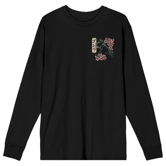 Godzilla Cherry Blossoms Adult Black Crew Neck Long Sleeve Tee-Medium