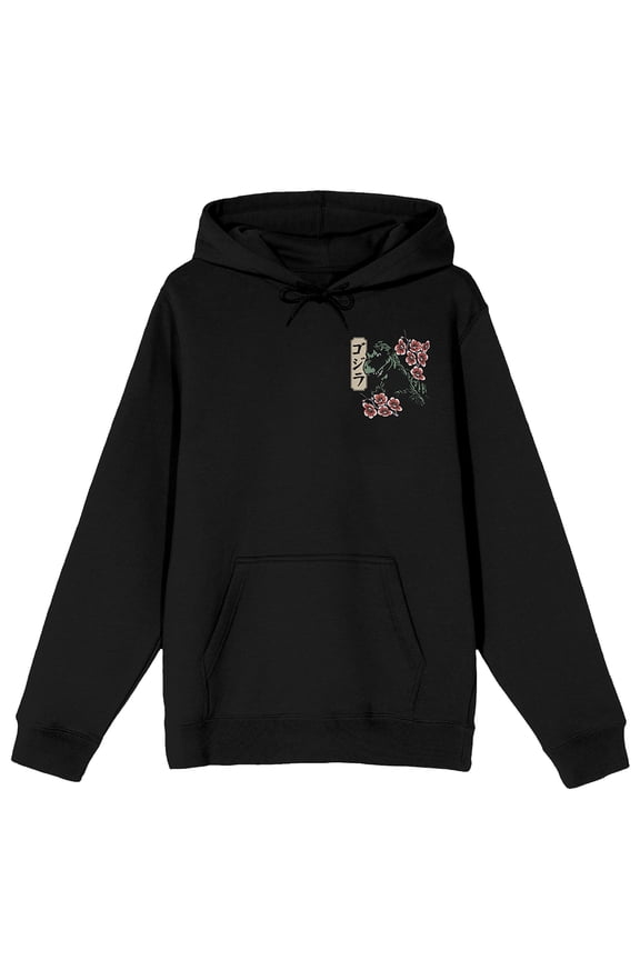 Godzilla Cherry Blossoms Adult Black Long Sleeve Hooded Sweatshirt-Medium