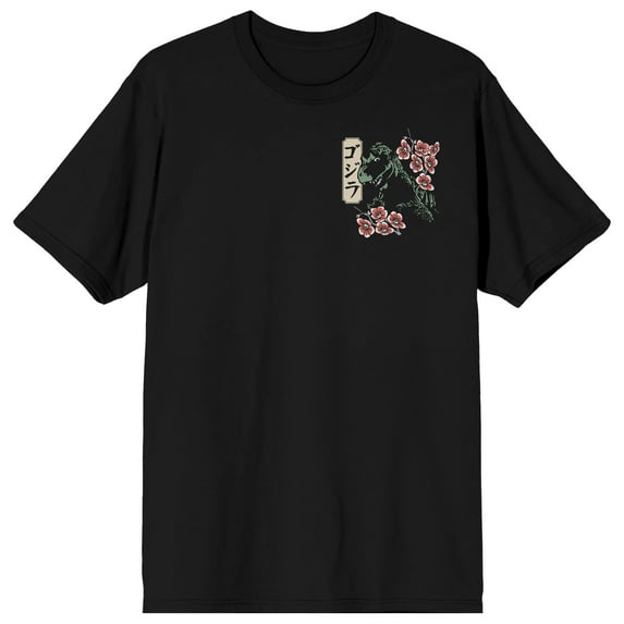 Godzilla Cherry Blossoms Front & Back Art Adult Black Crew Neck Short Sleeve T-shirt-Medium