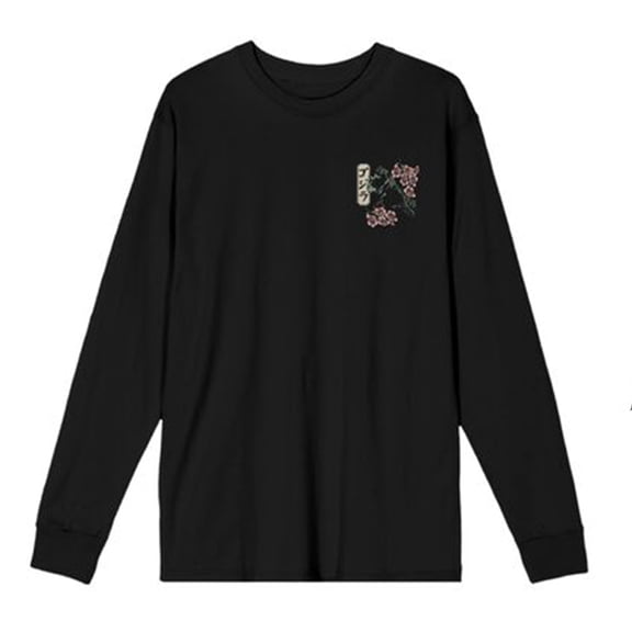 Godzilla Cherry Blossoms Front & Back Art Adult Black Crew Neck Long Sleeve Shirt-XL