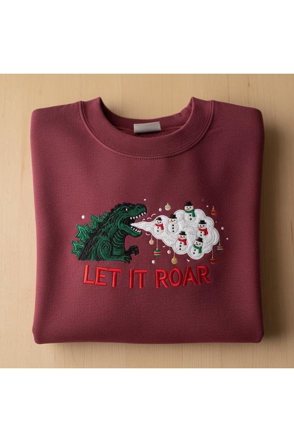 Godzilla Christmas Sweater Embroidered, Kaiju Holiday Sweatshirt, Let It Roar Snowman Crewneck, Funny Monster Christmas Gift