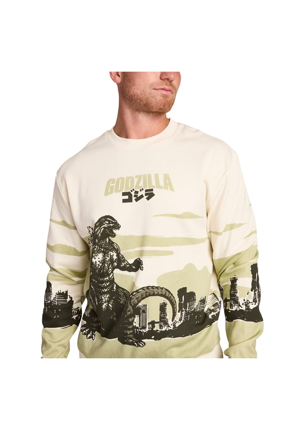 Godzilla Cityscape Men's White Crew Neck Long Sleeve Pullover Sweatshirt -XL