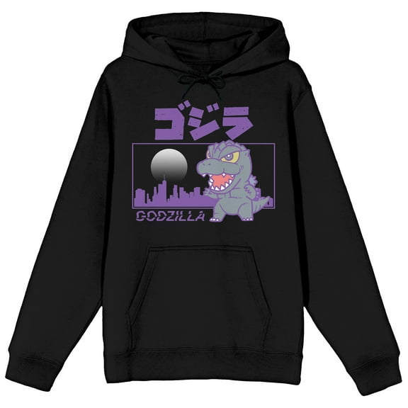 Godzilla Classic Chibi Tokyo Rampage Long Sleeve Black Adult Hooded Sweatshirt-XL