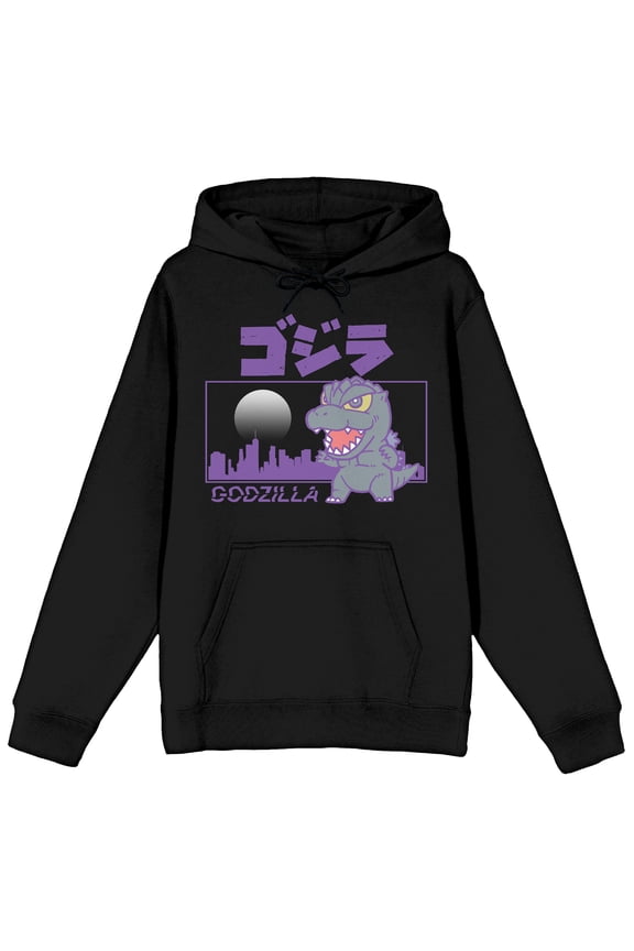 Godzilla Classic Chibi Tokyo Rampage Long Sleeve Black Adult Hooded Sweatshirt-XL