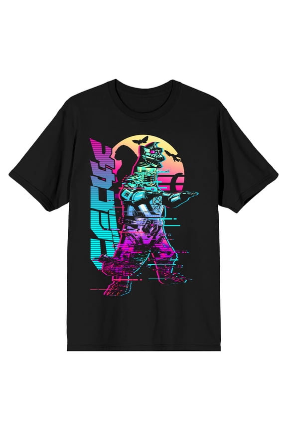 Godzilla Classic Godzilla, Japanese Characters, Colored Shadows Adult Black Short Sleeve Tee Shirt-XL