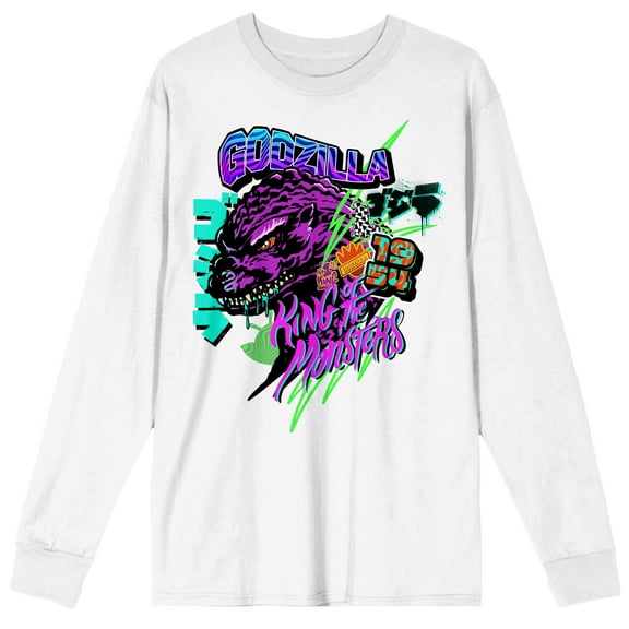 Godzilla Classic King Of The Monsters Crew Neck Long Sleeve White Adult Tee-Medium