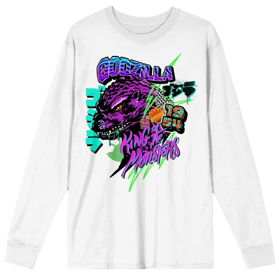 Godzilla Classic King Of The Monsters Crew Neck Long Sleeve White Adult Tee-XXL