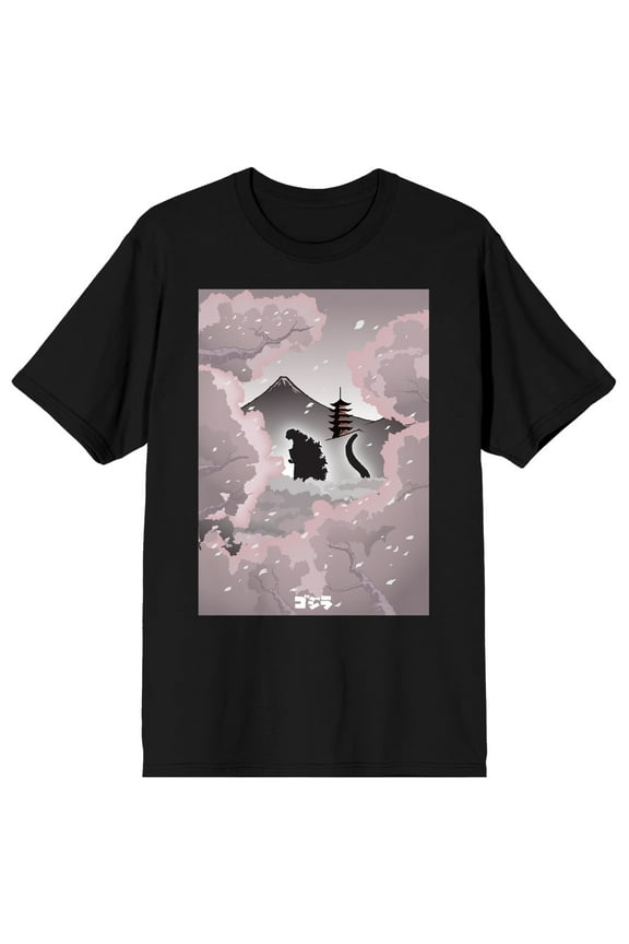 Godzilla Classic Monster Silhouette and Cherry Blossoms Across Mt. Fuji Adult Black Short Sleeve Tee-XL