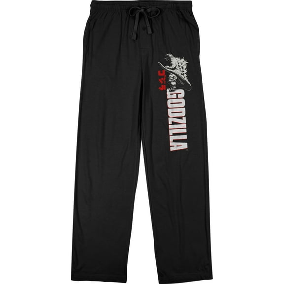 Godzilla Classic Monster and Title Logo Men's Black Drawstring Sleep Pajama Pants-L