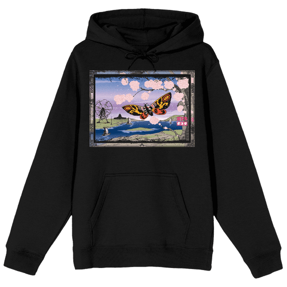 Godzilla Classic Mothra with Cherry Blossom Tree and River Adult Black Hoodie-Medium