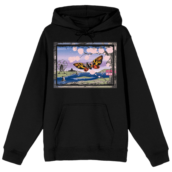 Godzilla Classic Mothra with Cherry Blossom Tree and River Adult Black Hoodie-XS