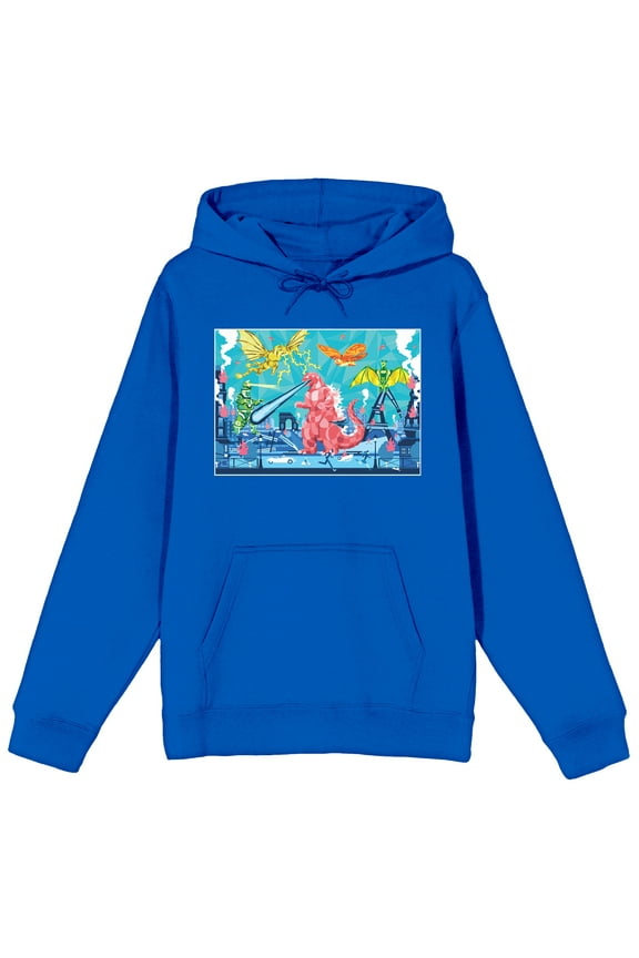 Godzilla Classic Pink Godzilla & Flying Dinosaurs Long Sleeve Royal Blue Adult Hooded Sweatshirt-XXL