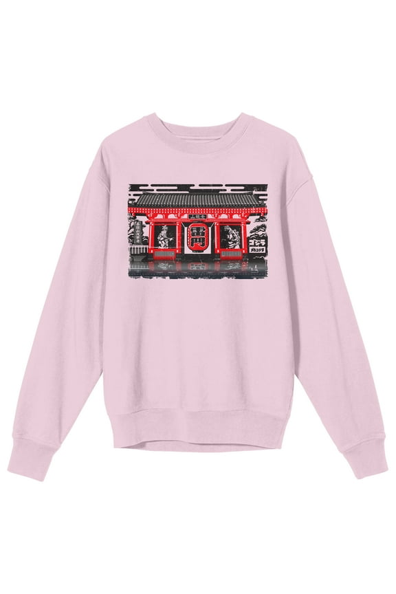 Godzilla Classic Shin and Mecha Shin in Pagoda Adult Pink Crew Neck Sweatshirt-Medium