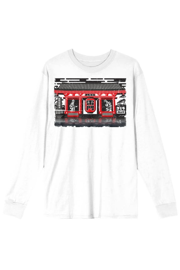 Godzilla Classic Shin and Mecha Shin in Pagoda Adult White Long Sleeve Tee-XL