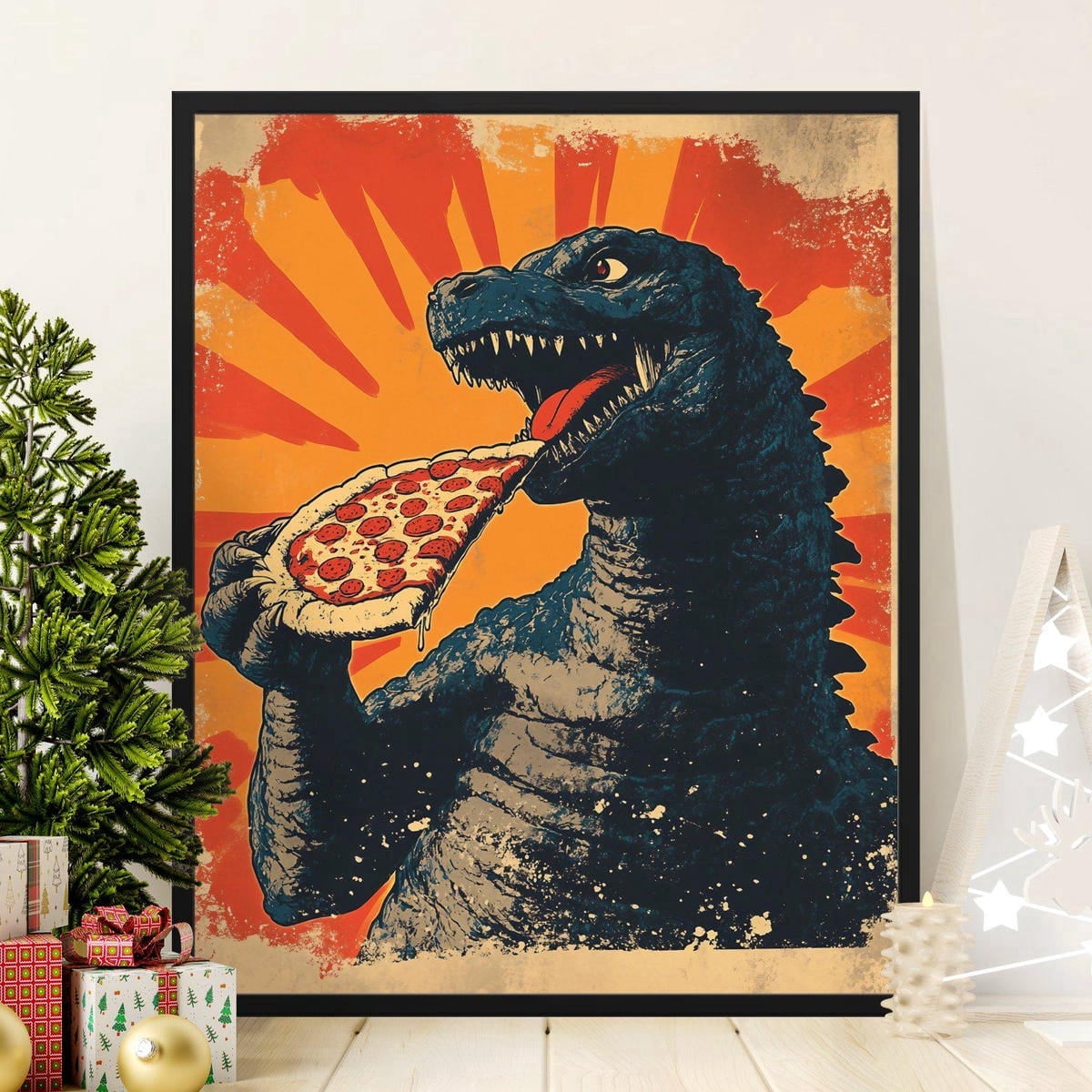 Godzilla Eating Pizza Poster Fun Dorm Room Wall Art Retro Monster