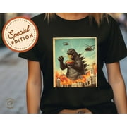 BUNDLE01 Godzilla Eating Ramen T-Shirt, Funny Monster Graphic Tee, Kaiju Eating Noodles Shirt Urban Casual Top, Godzilla Helicopter Pasta Design Gift