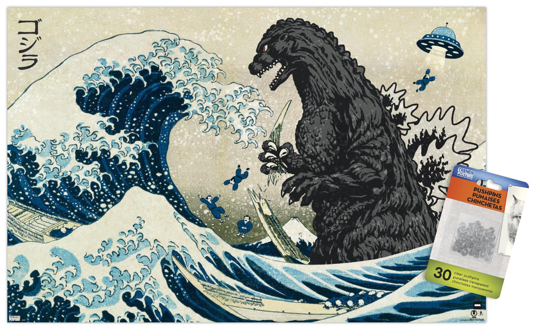 GODZILLA　直筆サイン入り　ポスター複製画 Godzilla - Great Wave Wall Poster, 22.375