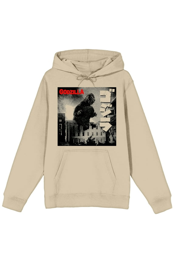 Godzilla Half-Tone Poster Long Sleeve Adult Cream Hooded Sweatshirt-Large