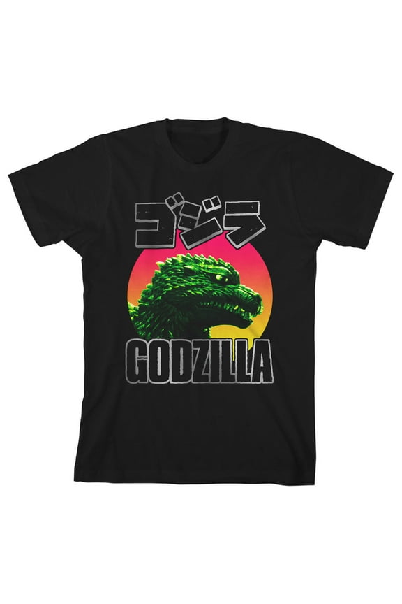 Godzilla Head and Kanji Letters Boy's Black T-shirt-L