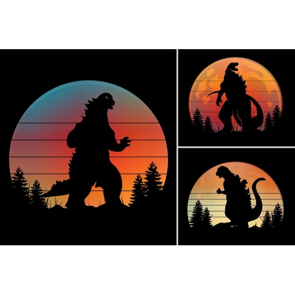 Godzilla in the Sunset Dinosaur Themed Birthday Edible Icing Image Cake Topper, by Tnct.