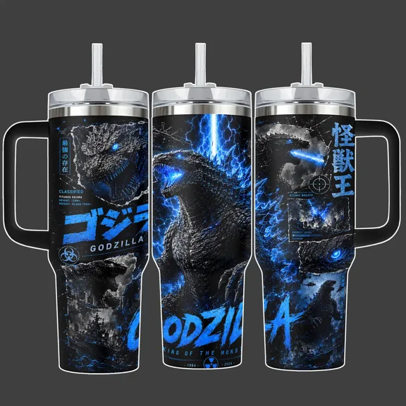 Godzilla King of the Monsters Blue Atomic Breath Stainless Steel Insulated Tumbler Cup, /40oz with Straw Lid Included, 40oz Handle Option, Blue Black Full Wrap Design