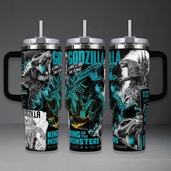 Godzilla King of the Monsters Kaiju Tumbler Cup, Blue Black Monster Full Wrap Stainless Steel Insulated Tumbler 20oz/40oz With Straw Lid Included, 40oz Handle Option