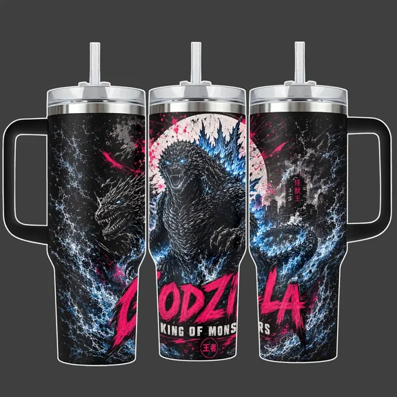 Godzilla King of Monsters Kaiju Tumbler Cup, Blue Pink Ocean City Full Wrap Stainless Steel Insulated Tumbler 20oz/40oz With Straw Lid Included, 40oz Handle Option