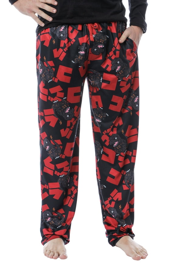 Godzilla Men's Character And Japanese Script Allover Pattern Adult Lounge Sleep Pajama Pants