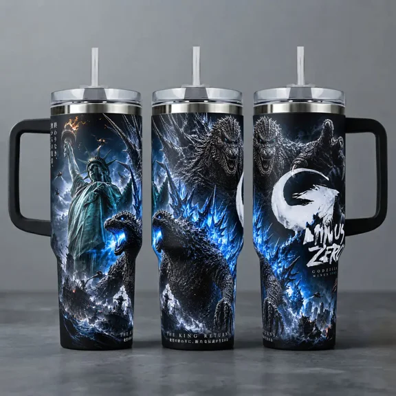 Godzilla Minus One Tumbler The King Returns Minus Zero Monster Kaiju Sci-Fi Movie 40 20 oz Insulated Tumbler Stainless Steel Handle Straw Keeps Drinks Hot Cold Cinema Merch For Fans Drinkware
