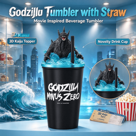 Godzill.a Minus Zero Tumbler with Straw & 3D Kaiju Lid, 20oz Novelty Drink Cup, Movie Inspired Beverage Tumbler for Movie Night Decor Kaiju Lover Collector Gift, Christmas Gift