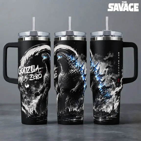Godzilla MinusZero, Kaiju Monster Movie Art, Sci-Fi Monster Fan, Perfect Gift for Movie Lovers, 40oz Tumbler With Handle, Stainless Steel Insulated Travel Cup for Hot and Cold Drinks
