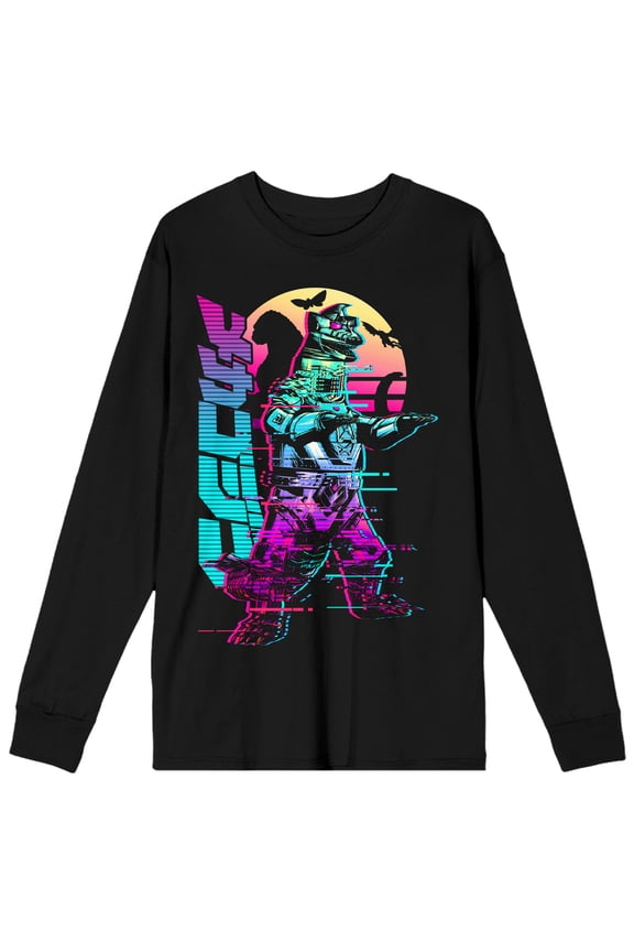 Godzilla Neon Kanji Character Art Adult Black Crew Neck Long Sleeve Tee-Small