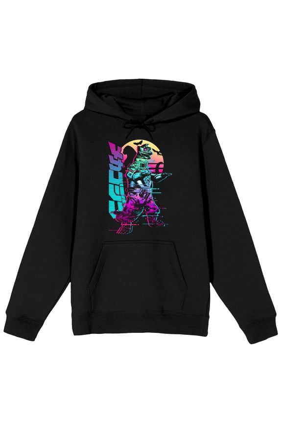Godzilla Neon Kanji Character Art Adult Black Long Sleeve Hooded Sweatshirt-Medium