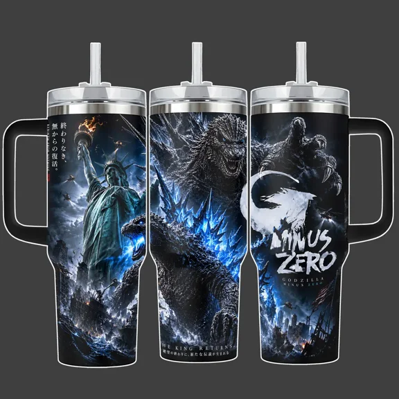 Godzilla No Destruction Kaiju Stainless Steel Insulated Tumbler Cup, Atomic Blue Full Wrap, /40oz, Straw Lid Included