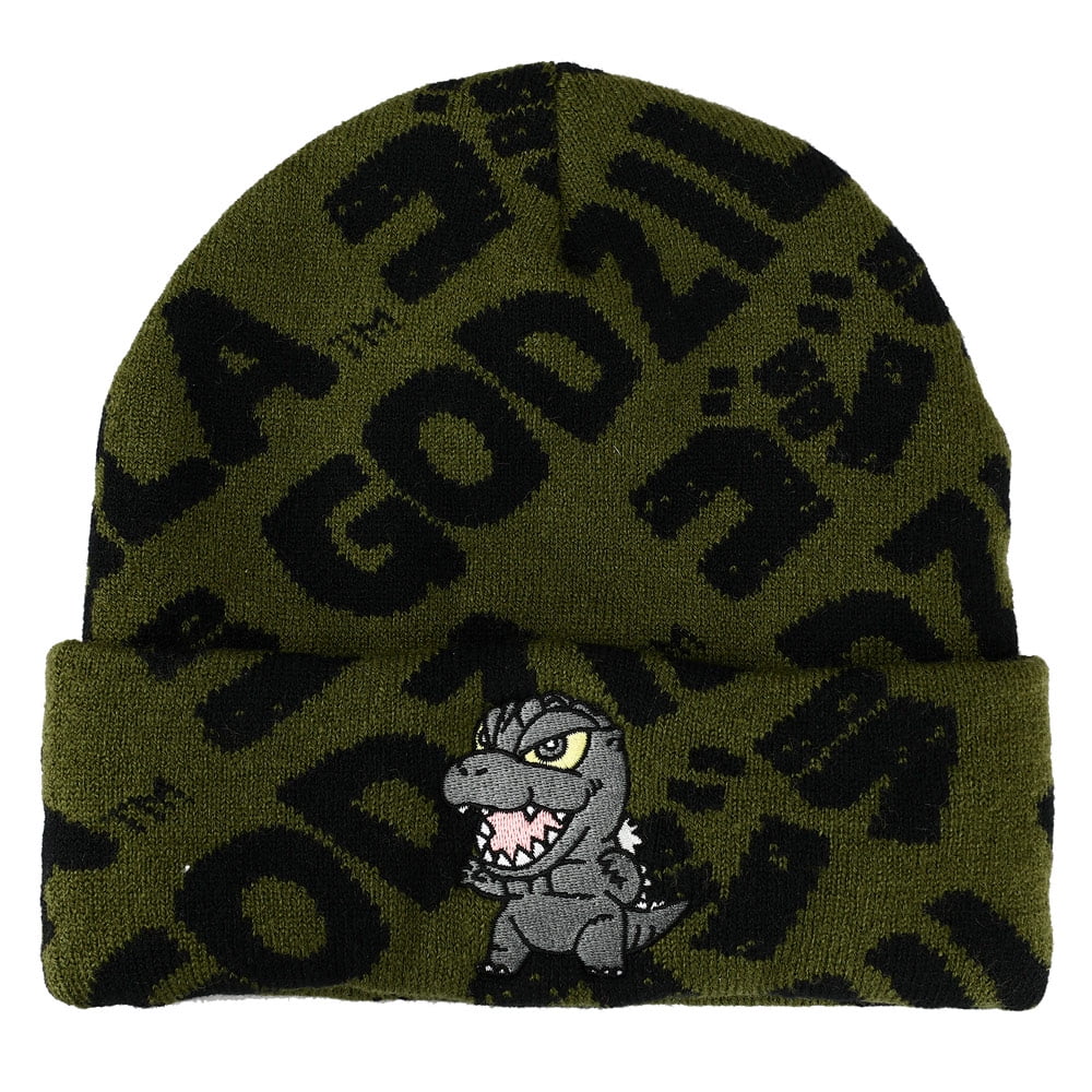 BIOWORLD Godzilla Olive and Black Logo AOP Magic Jacquard Embroidered Beanie Hat for Men