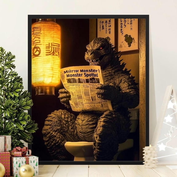 Godzilla Reading Newspaper Poster Funny Comic Monster Art