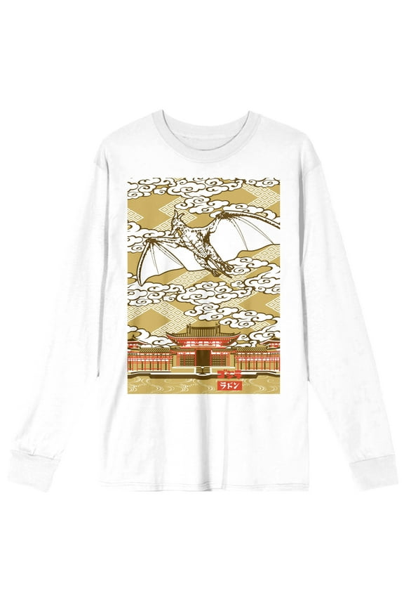 Godzilla Rodan Flying Over Temple Crew Neck Long Sleeve Adult White Tee-Large