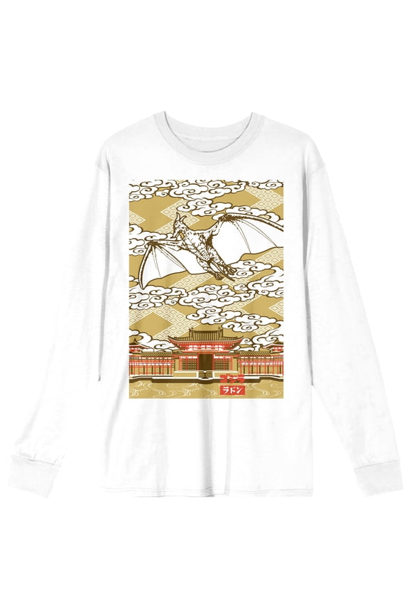 Godzilla Rodan Flying Over Temple Crew Neck Long Sleeve Adult White Tee-Medium