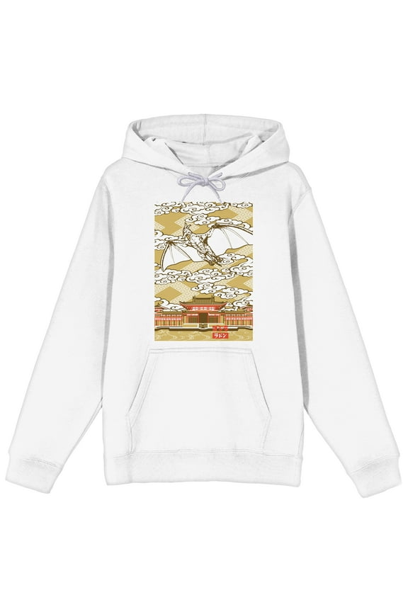 Godzilla Rodan Flying Over Temple Long Sleeve Adult White Hooded Sweatshirt-Medium
