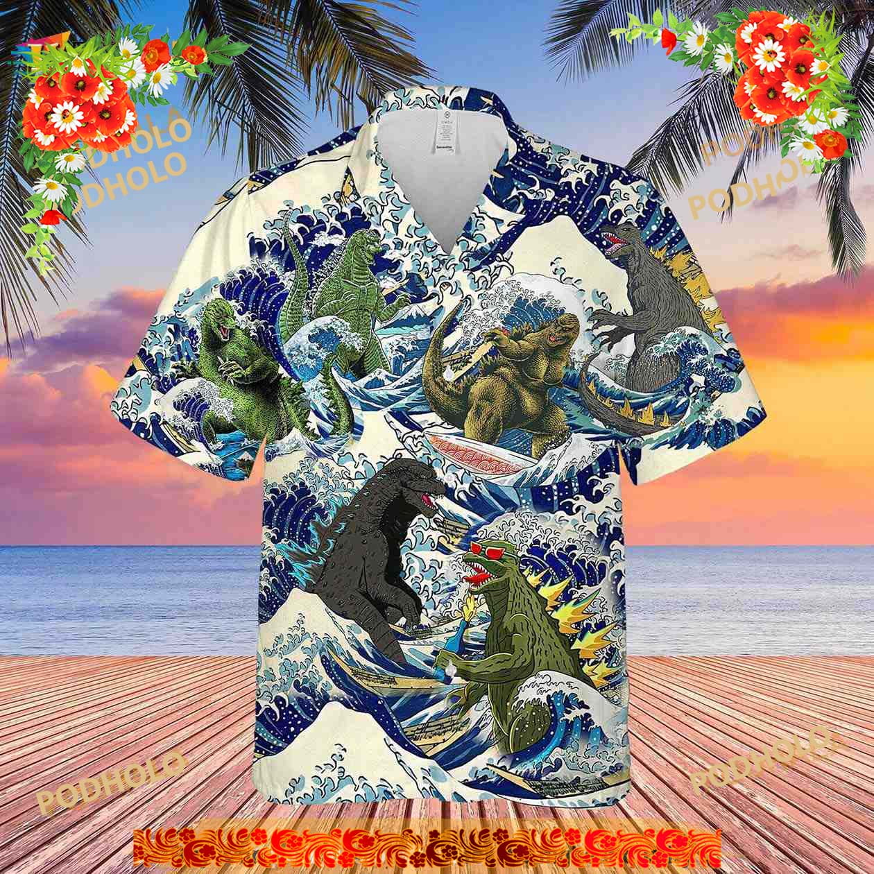 Godzilla Surfing Funny Hawaiian Shirt - Walmart.com