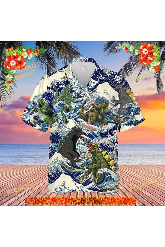Godzilla Surfing Funny Hawaiian Shirt